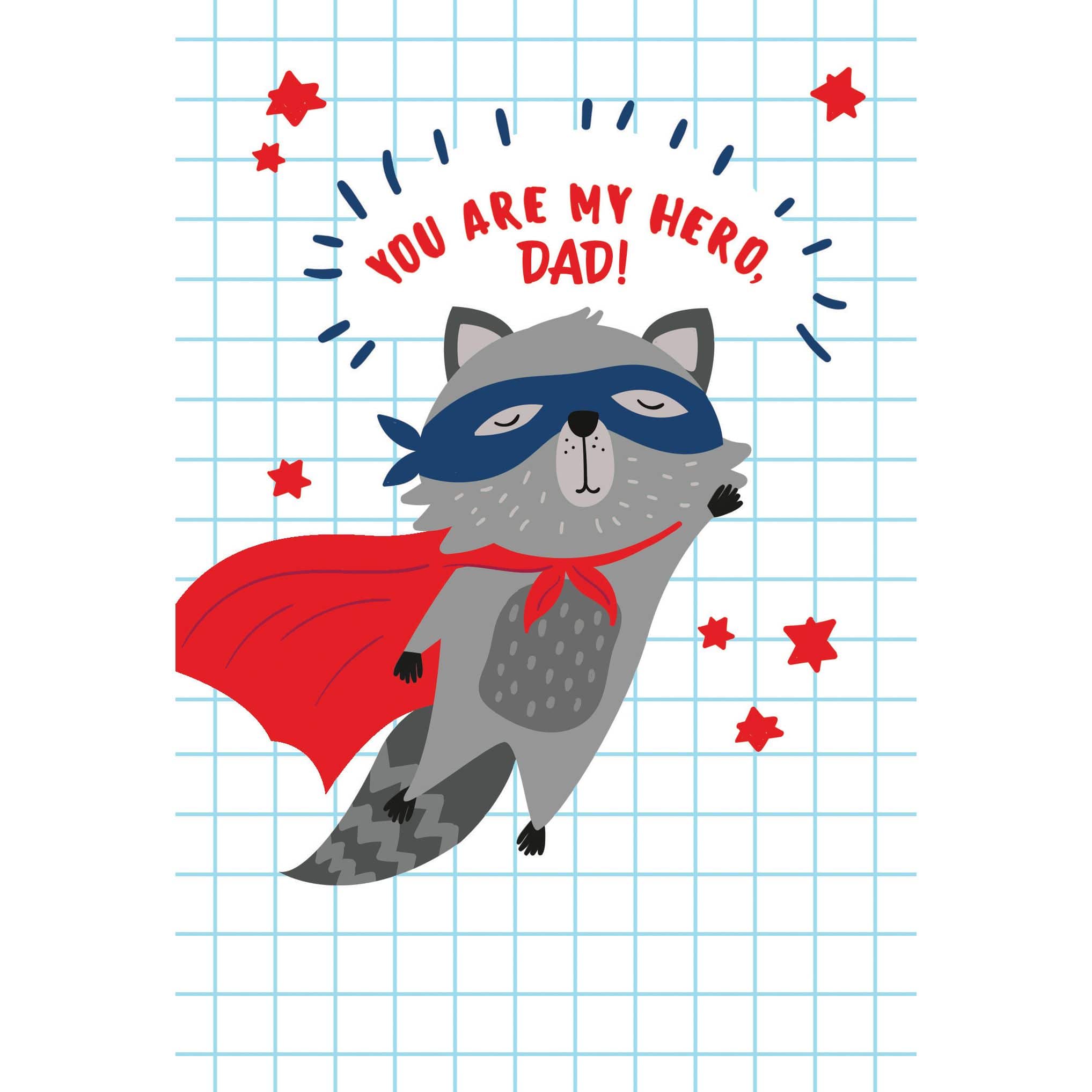 Raccoon superhero Father's Day card featuring a cute raccoon in a superhero costume, designed by Omega Industry Co., LTD.